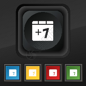 加1 添加一个图标符号 在黑色纹理上为设计设置5个彩色 时髦的按钮 矢量背景图片