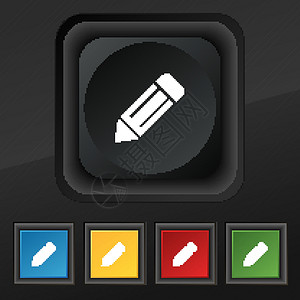铅笔图标图标符号 在黑色纹理上为设计设置五个彩色 时髦的按钮 矢量背景图片