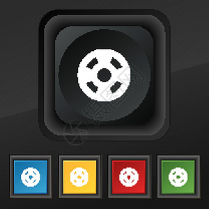 胶片图标符号 在黑纹理上为您设计的五个彩色 时髦按钮集 用于设计 矢量屏幕卷轴磁带娱乐按钮电影电视运动记板剧院背景图片