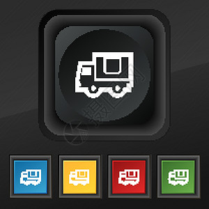 运货卡车图标符号 在黑色纹理上为您设计一套五色 时髦的扣子 矢量服务海豹质量徽章令牌送货艺术包装邮票零售背景图片