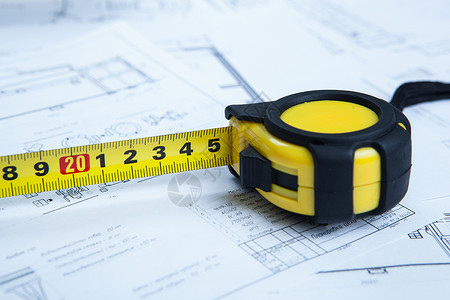 利用纸张和工具桌面工作卷尺绘图草稿房子工程方案建筑学几何学背景图片