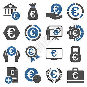 欧洲图标欧元银行业务和服务工具图标信用地球展示投资图标集经济货币现金订金大楼背景