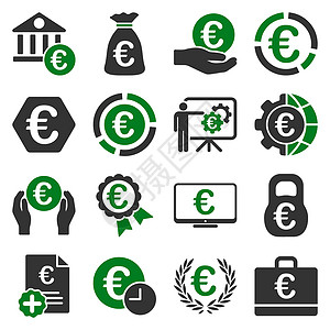 欧元图标欧元银行业务和服务工具图标图标集保险银行经济硬币图表订金齿轮大楼六边形背景