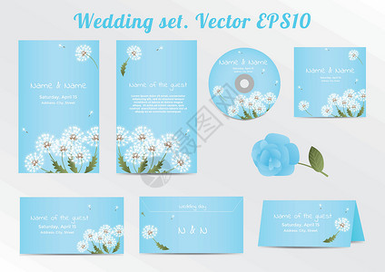 蓝色请柬一套花岗花的婚礼请柬模板 配有dandelion花朵插画