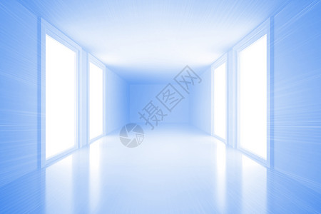 带有窗户的亮蓝色大厅计算机绘图白色房间背景图片