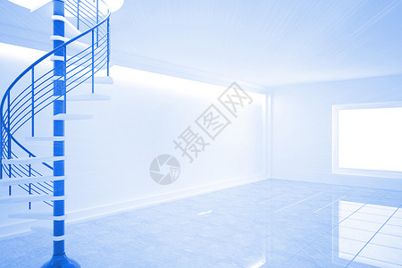 有螺旋楼梯的亮蓝色房间绘图窗户白色计算机背景图片