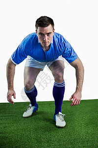 橄榄球玩家准备与对手对决男性蓝色运动员球衣运动竞技体育男人抢断播放器背景图片