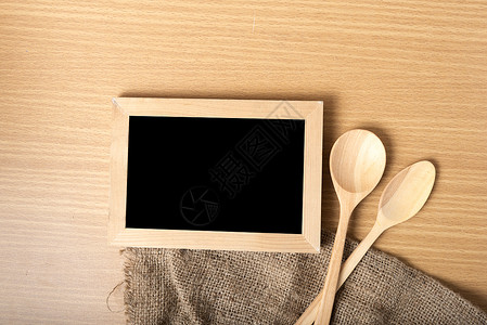黑板和木勺卡片空白食谱菜单黑色叉子餐厅剪贴簿工具食物背景图片
