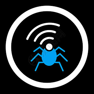 无线电间谍窃听器平蓝色和白颜色 四向矢量图标匿名黑色安全间谍电脑蓝牙信号圆形代理人天线背景图片