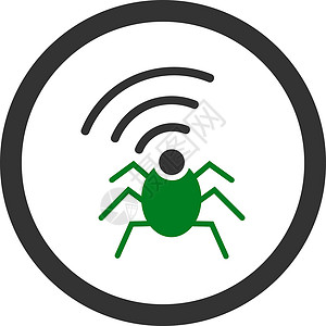 蓝牙信号无线电间谍虫虫平面绿色和灰色双向矢量图标间谍上网蓝牙收音机匿名昆虫天线安全圆形字形插画
