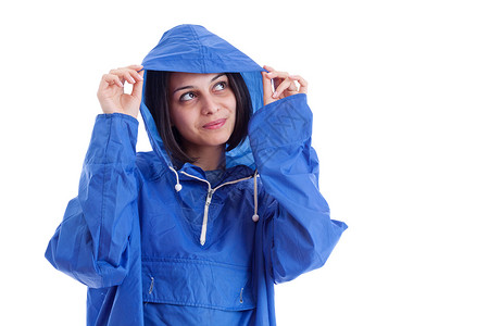 穿雨衣的妇女天气兜帽下雨天蓝色女孩女士背景图片