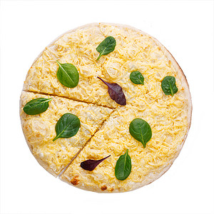 Pizza 顶视图青菜黄色树叶美食背景图片