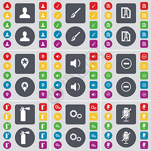邮编图标化身 刷子 ZIP 卡 检查站 声音 减号 灭火器 齿轮 麦克风图标符号 一大套平面彩色按钮 适合您的设计 向量设计图片