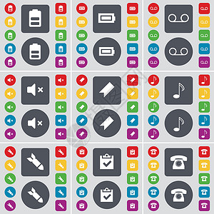 电池 盒式磁带 静音 标记 笔记 火箭 调查 复古电话图标符号 一大套平面彩色按钮 适合您的设计 向量背景图片