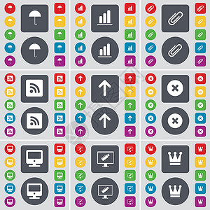 兔年王冠图伞 图 剪辑 RSS 向上箭头 停止 监视器 皇冠图标符号 一大套平面彩色按钮 适合您的设计 向量插画