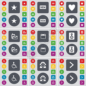 彩色心星光效星 新 心 短信 日历 扬声器 残疾人 阿凡达 箭头右图标符号 一大套平面彩色按钮 适合您的设计 向量插画