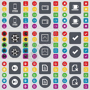 智能选基智能手机 显微镜 杯子 球 向上箭头 勾选 媒体跳过 文本文件图标符号 一大套平面彩色按钮 适合您的设计 向量插画