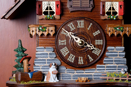 带鸟儿的布谷时钟时间黑色传统小时装饰品棕色木头艺术白色背景图片