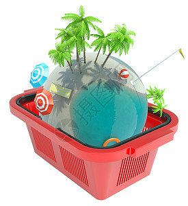 塑料篮子购物篮中的热带热带行星背景