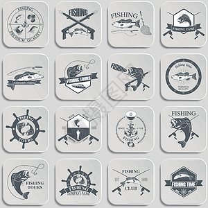 鱼竿设计素材一套老式捕鱼标签 徽章和设计要素凸版鱼营食物邮票旅游营地插图鱼竿水印海鲜插画