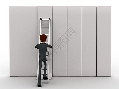 3名男子在墙上攀登梯子的概念卡通片渲染男人管理人员领带棕色背景图片