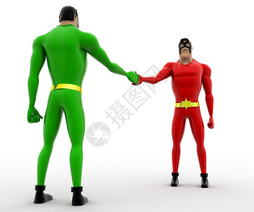 3D超级英雄握着另一个超级英雄概念的手卡通片背景图片
