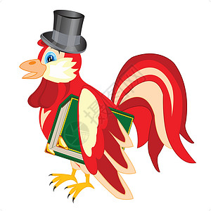 书红色尾巴带着书的鸡鸡帽子插画