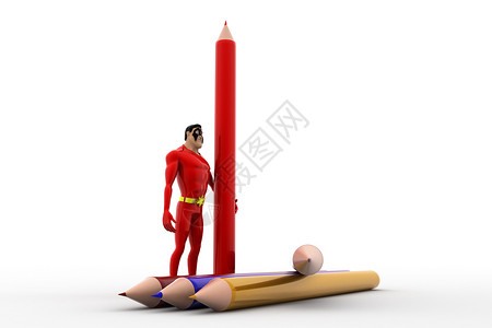 3D超级英雄 有很多彩色铅笔概念卡通片白色渲染插图背景图片