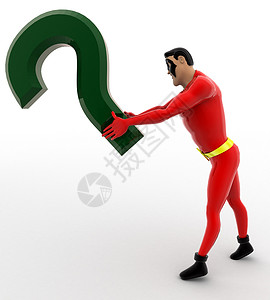 3D超级英雄 绿色问号概念渲染插图卡通片白色背景图片