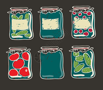 泡菜坛子配有自制蔬菜和果酱的罐子爱好黄瓜装罐家庭生产烹饪玻璃饮食插图水果插画
