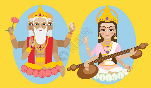 印度神话布拉马领主和萨拉斯瓦蒂 devi插画