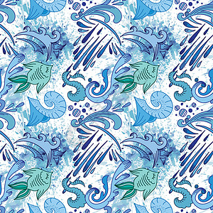 温泉鱼疗抽水模式潜水蓝色珊瑚插图喷泉绘画温泉液体涂鸦艺术插画