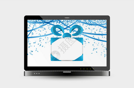 笔记本电脑屏幕上带礼带和彩装丝带蓝色生日展示纸屑黑色惊喜工作商业礼物设计图片