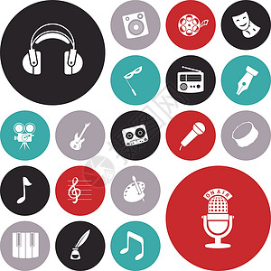 音乐和声音的简单设计图标麦克风写作耳机艺术电影鹅毛笔平面磁带笔记调色板背景图片