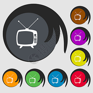 复古电视模式标志图标 电视机符号 八个彩色按钮上的符号 向量背景图片