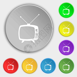 复古电视模式标志图标 电视机符号 八个平面按钮上的符号 向量背景图片