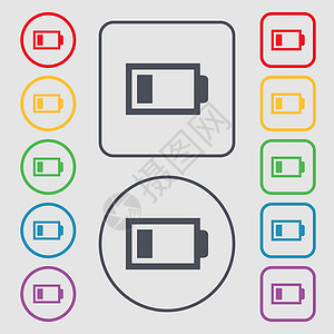 电池低水平符号图标 电力符号 圆形符号和带边框的平方按钮 矢量背景图片