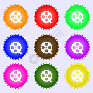视频符号图标 框架符号 一组九种不同颜色的标签 矢量令牌徽章邮票互联网创造力质量按钮玩家电影海豹背景图片