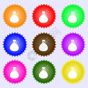水图标符号的塑料喷雾 由九种不同彩色标签组成背景图片