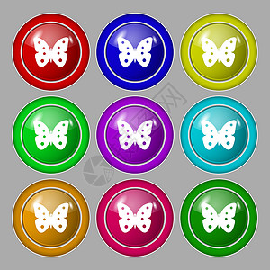蝴蝶符号图标 昆虫符号 九圆彩色按钮上的符号 矢量背景图片