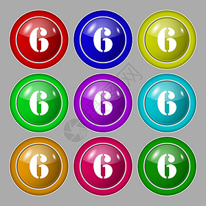 数字 6 图标符号 九个圆形彩色按钮上的符号 矢量成就标签徽章邮票质量插图背景图片
