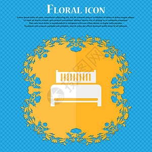 酒店 床图标符号 花粉平板设计在蓝色抽象背景上 有文字位置 矢量背景图片