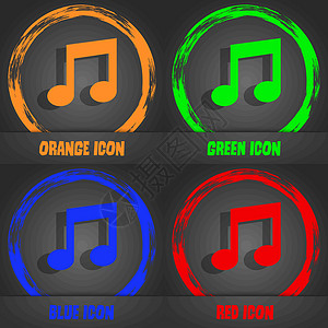 音乐笔记标志图标 音乐符号 时尚的现代风格 在橙色 绿色 蓝色 红色设计中 向量旋律按钮邮票海豹标签钥匙令牌创造力徽章插图背景图片