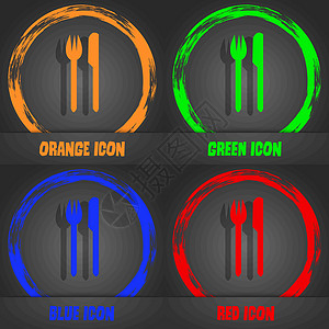 刀子餐具吃签名图标 餐具符号 叉子和刀子 时尚的现代风格 在橙色 绿色 蓝色 红色设计中 向量插画