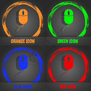 鼠标组合按钮计算机鼠标签名图标 带轮子符号的光学 时尚的现代风格 在橙色 绿色 蓝色 红色设计中 向量插画