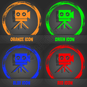 摄像机标志按钮 时尚的现代风格 在橙色 绿色 蓝色 红色设计中 向量标签播送相机电视记录令牌徽章质量电影视频背景图片