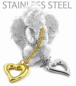 颈心和天使雕像奢华喜悦白色金子精神礼物安全钻石框架背景图片