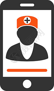 戴红帽子男人在线医生图标卫生电话医疗手机字形医师男人从业者专家橙色插画