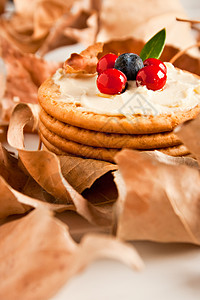 树叶配红色边框配奶油奶酪和蓝莓的曲奇饼桌子蓝色奢华甜点早餐温暖餐巾活力饮食饼干背景