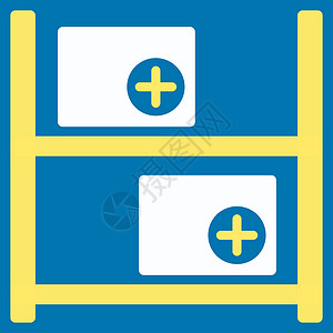 医疗仓库图标黄色橱柜字形帮助援助蓝色店铺白色物流药品背景图片